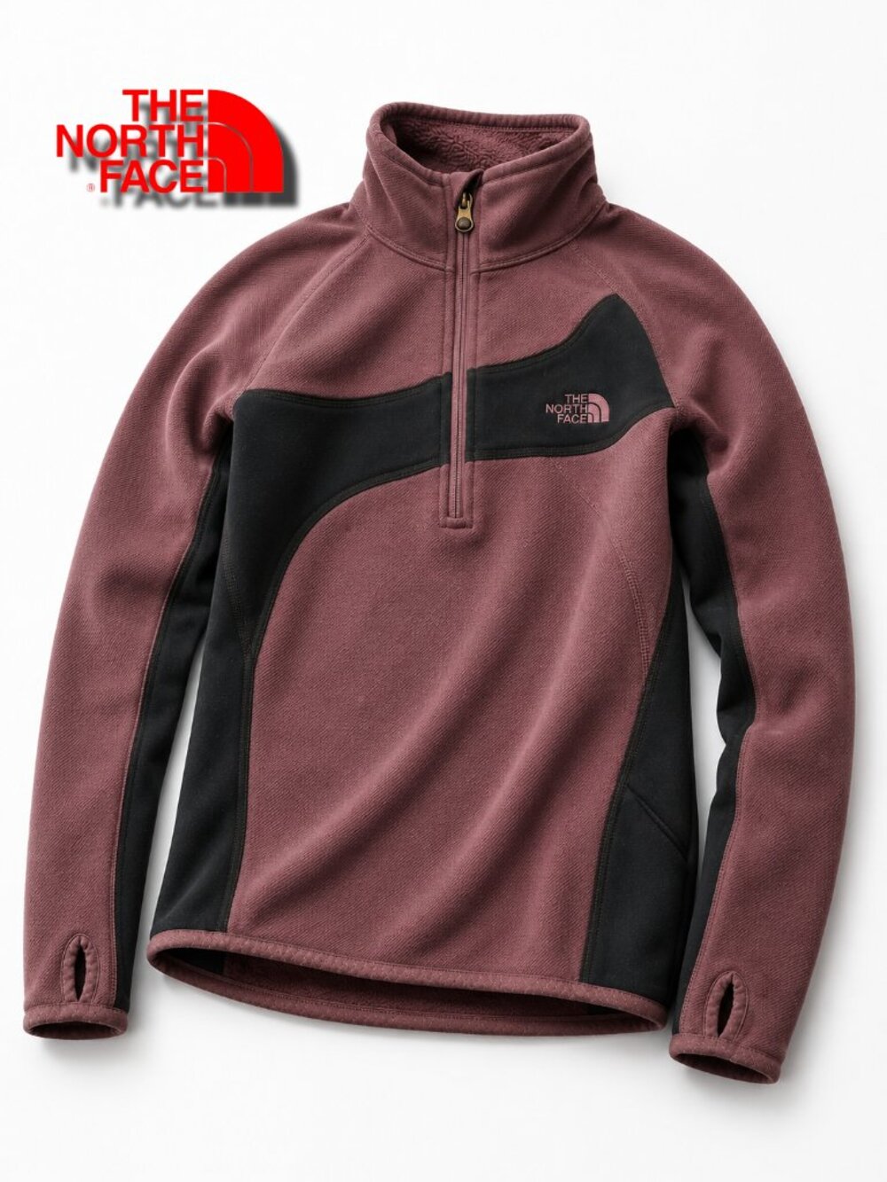 The North Face Womens S Burgundy Black Quarter Zip Fleece Thumbholes Colorblock